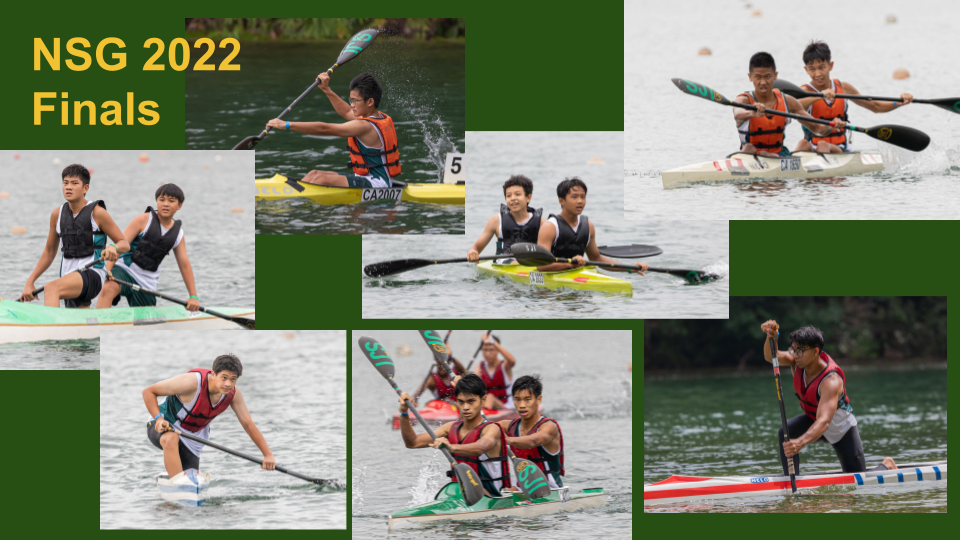 Collage of youth paddlers competing in kayak and canoe races at NSG 2022 Finals on water.